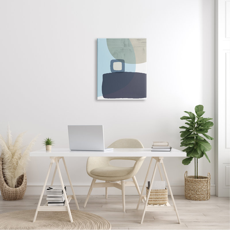 Moderne, contemporain, élégant, bleu, formes géométriques grises, L 24 po x H 30 po, Toile tendue