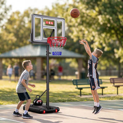 IGL Portable Basketball Hoop with Height Adjustable 5.6-10 FT, 44" Shatter-Resistant Backboard, Rolling Base for Driveway & Backyard