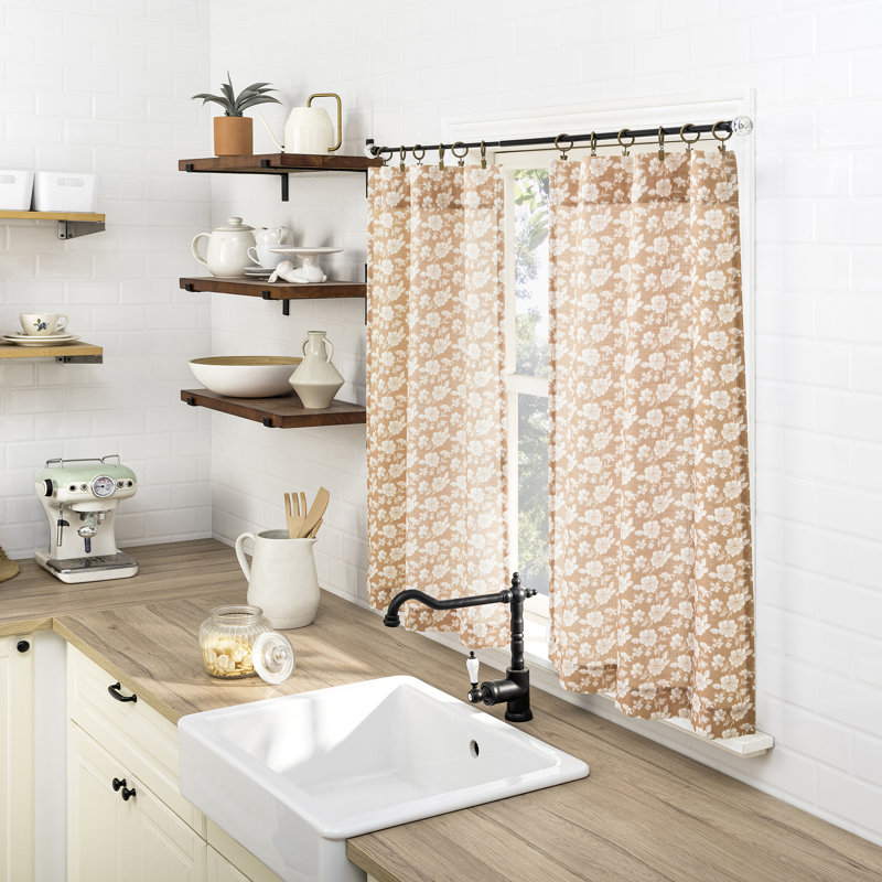 Caruso Floral Semi-Sheer Rod Pocket Kitchen Curtain Tier, 54" W x 24" L, Orange