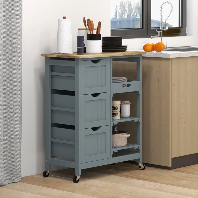 Chariot roulant pour îlot de cuisine, chariot de service de bar, chariot compact sur roulettes avec plateau en bois, tablettes et tiroirs pour la salle à manger, gris