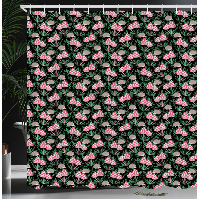 East Urban Home Mushroom Shower Curtain Dotted Toadstools Hedgehog Multicolor, 70"H x 69"W