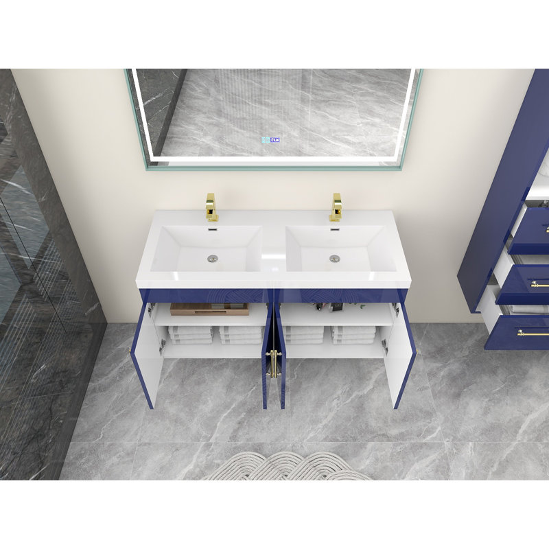 Meuble-lavabo mural double 47 po avec plateau en acrylique Boyu, Bleu lustré