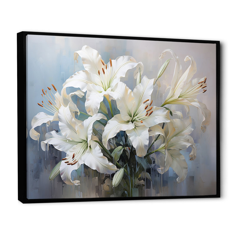 Lys blancs en fleurs - Art mural lys, Cadre flottant noir, H 34 po x l 44 po x P 1,5 po