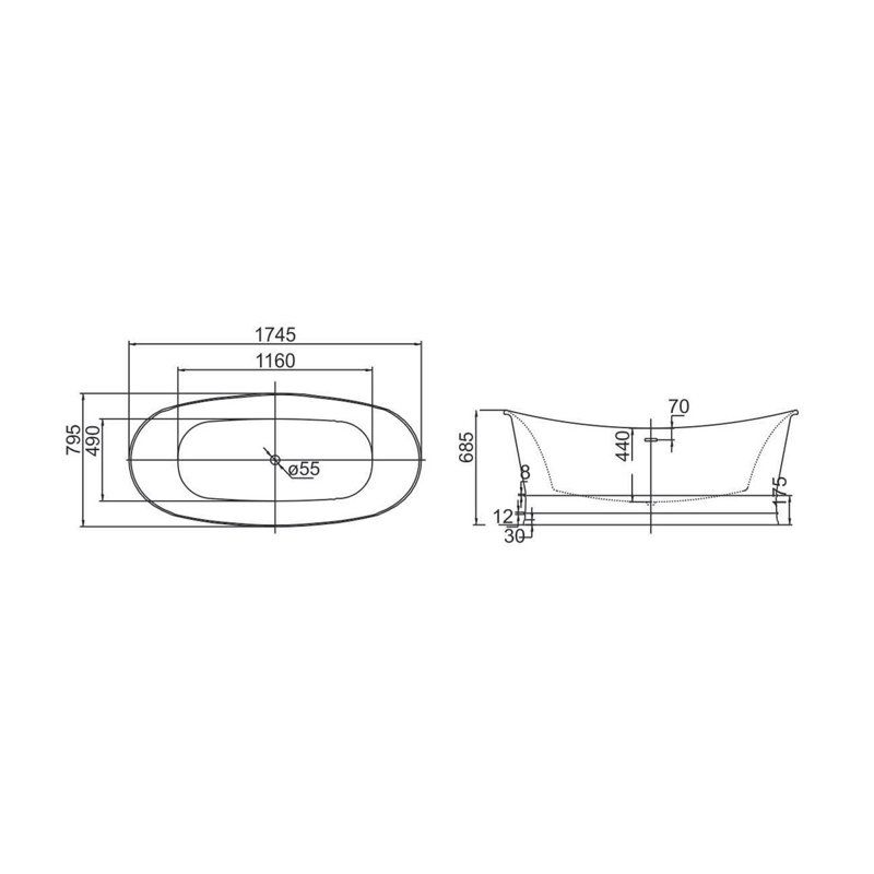 1745mm x 795mm Freestanding Soaking Acrylic Bathtub