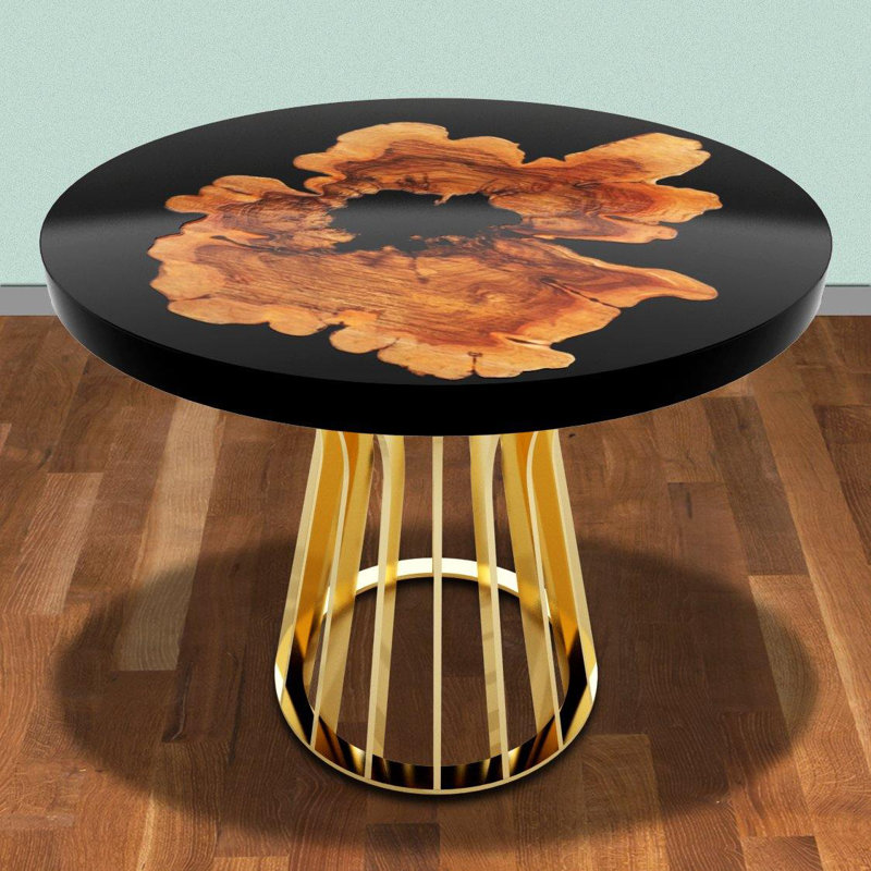 Amiata Round Metal Base Dining Table, 59.8" W x 59.8" L, Brown/Black, Polished Brass