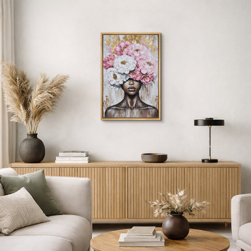 Élégance «Pivoines roses et blanches couronne, portrait féminin, images de chambre de jeune fille afro-américaine, impression sur toile encadrée, impression sur toile»