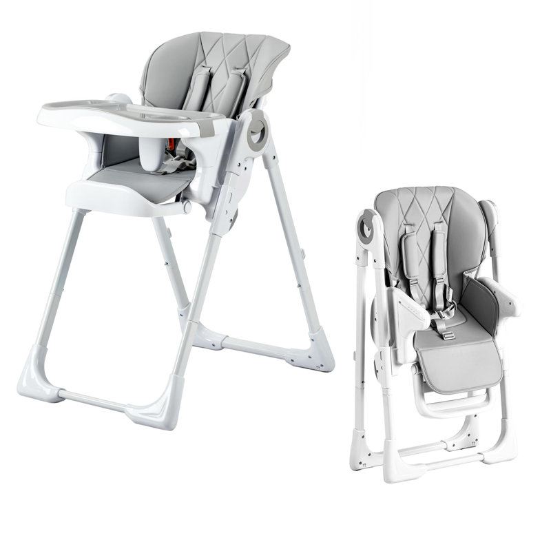Chaise haute pliable pour bébé - Hauteur réglable et dossier inclinable - Plateau double amovible - Facile à nettoyer - Siège multifonctionnel pour bébés et tout-petits de 6 à 36 mois - Gris clair