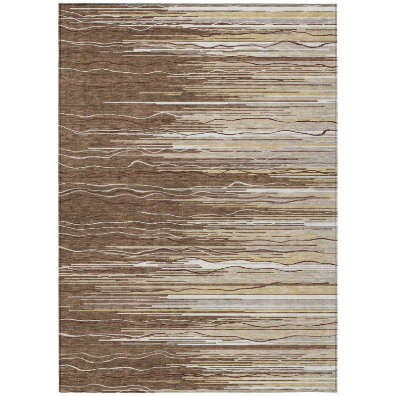9' X 12' Brown Beige And Ivory Striped Washable Indoor Outdoor Area Rug