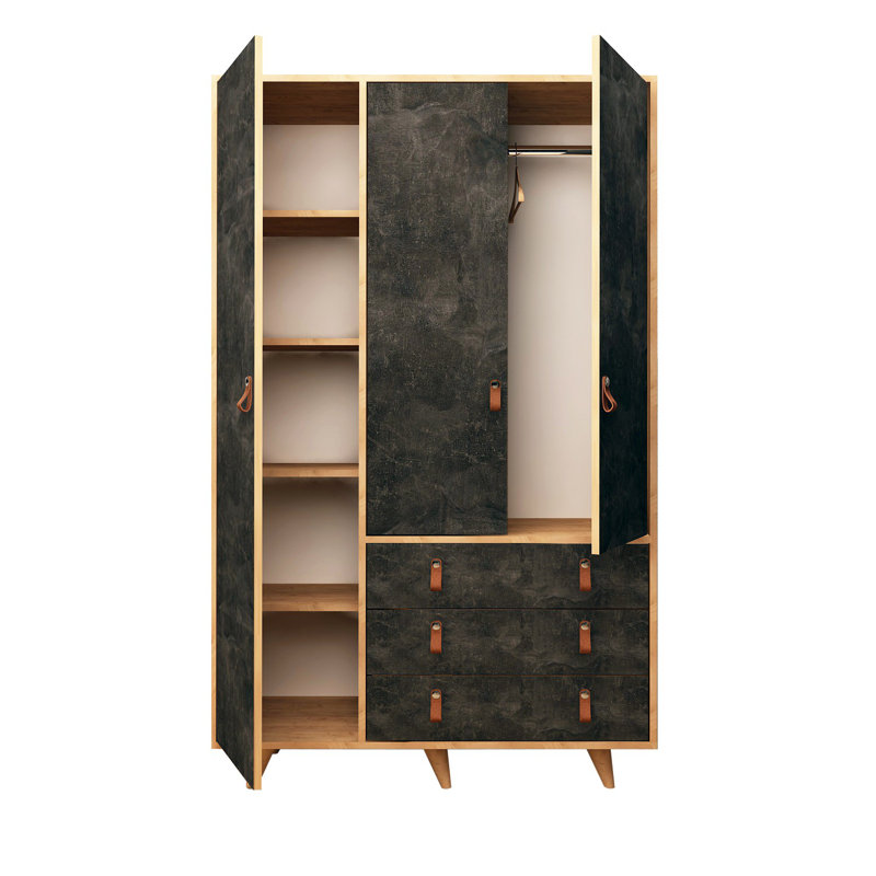 Armoire moderne scandinave avec 3 tiroirs et nombreuses tablettes de 47,2 po x 73,6 po x 20,5 po | Panneau de particules 100% enduit de mélamine, poignée en similicuir, pieds en bois, conception à fixation murale | Solution de rangement élégante pour