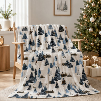 Holiday Dog Blanket with Red Trucks, Christmas Trees, Wrapped Gifts and Snowflakes, Gray Flannel Throw for Sofa, Bed and Festive Winter Lounging, 60 x 80 in