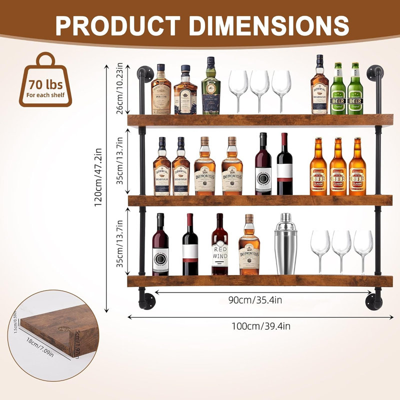 Casier à vin mural en métal de 100 cm (39,4 po) avec bandes DEL et porte-verres | Étagère de bar industrielle à 3 niveaux en métal pour cuisine, bar, salle à manger (noir, 100 cm/39,4 po)
