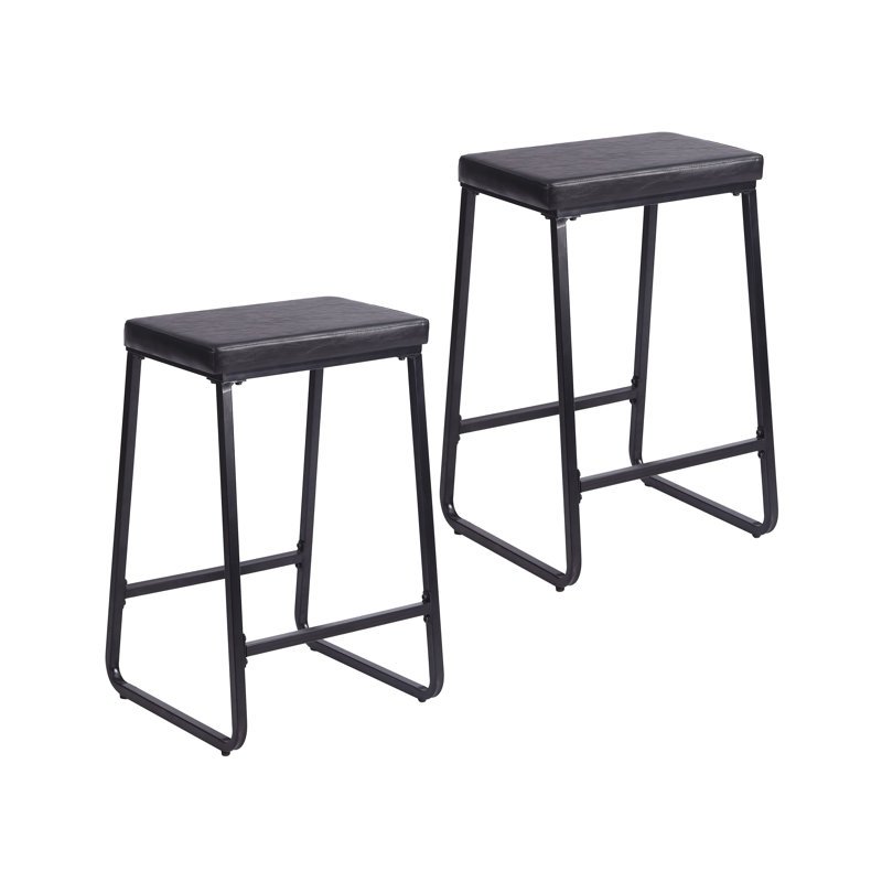 Ebern Designs Senga Bar Stools Set Of 2, Pu Leather, Iron Legs, Black