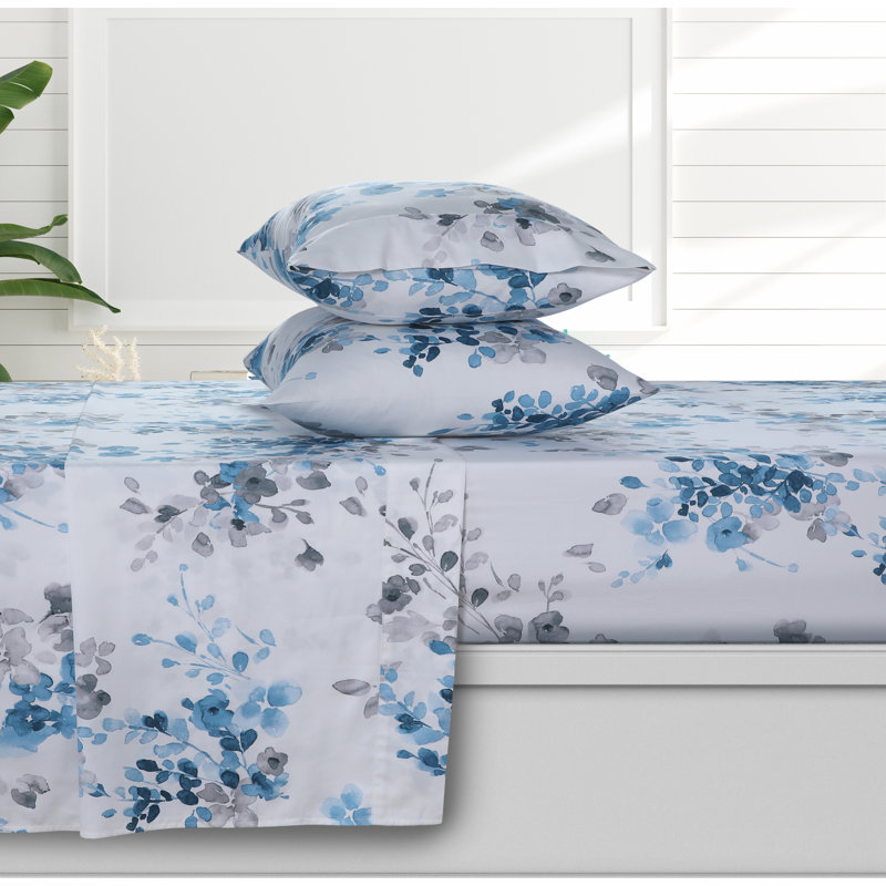 Sateen Floral Sheet Set, Queen Sheet Set + Fitted Sheet + 2 Pillowcases