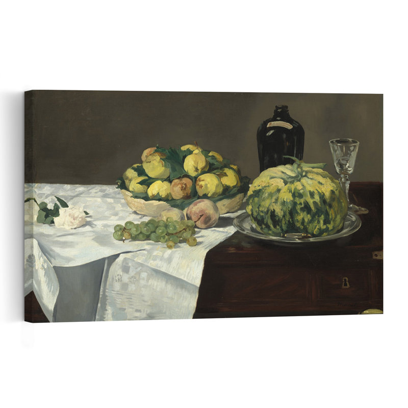 Nature morte au melon et aux pêches, vers 1866. Estampe d'art mural impressionniste abstraite contemporaine représentant des fleurs et des fruits.