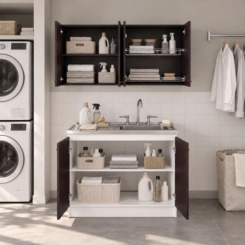 Ensemble d'armoires utilitaires en bois manufacturé Riverside avec meuble sous-évier et armoire murale