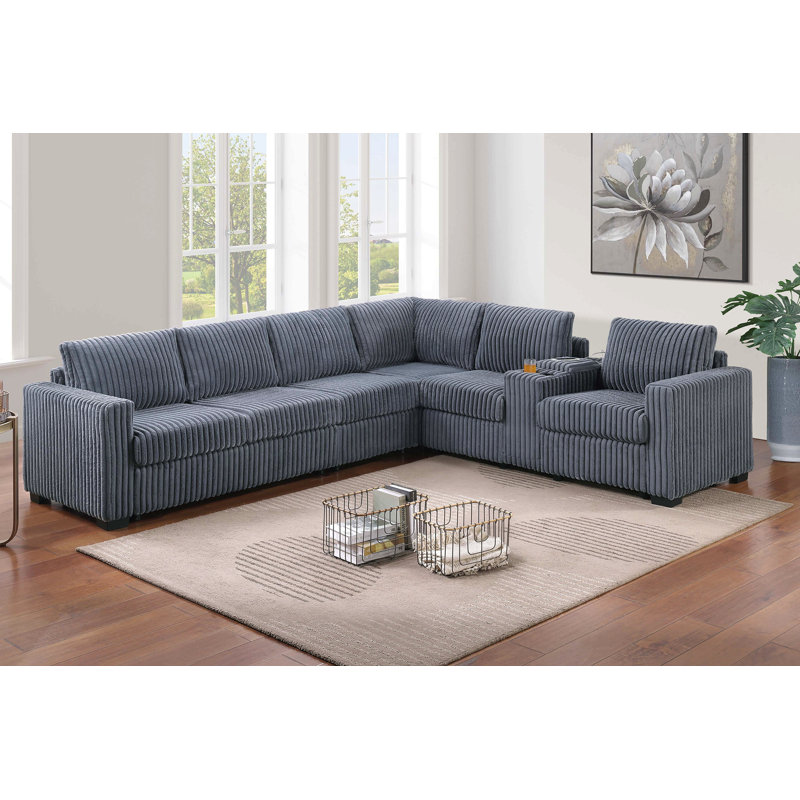 Modern Style L-Shape 4Pc Sectional Set Reversible Loveseat Usb Ports Cup Holder Armless Chair Plastic Legs Corduroy Upholstered Primary Living Room