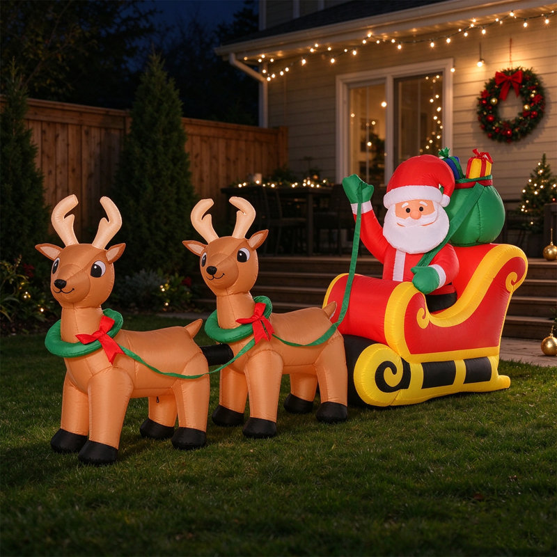 Père Noël gonflable de 1 m avec traîneau et 2 rennes, décor de jardin lumineux de Noël en polyester rouge et jaune