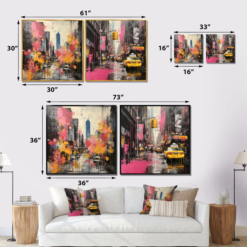 Jaune et rose Pittsburgh City I - ensemble d'art mural sur toile Pittsburgh 2, Toile tendue, H 30 po x l 61 po x P 1 po