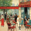"Public cafe", toile illustrative encadrée beige