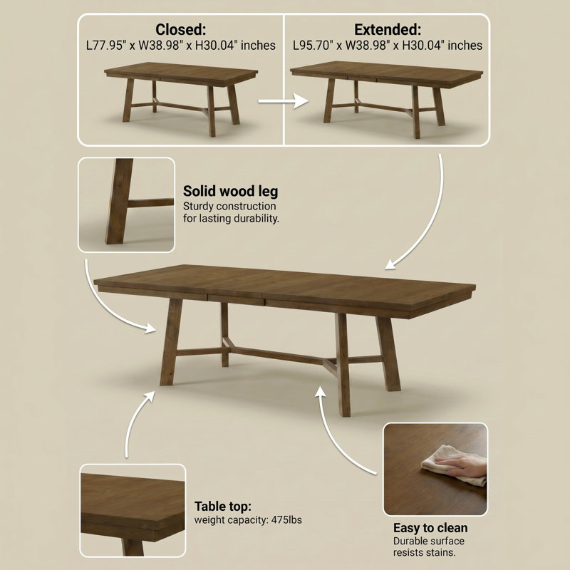  Alderon Modern Solid Wood Extendable Rectangular Dining Table, Brown