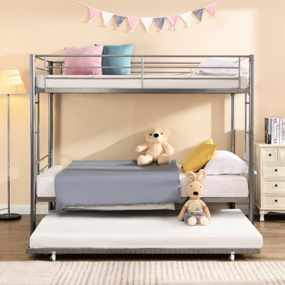 Metal Bunk Bed With Trundle, Silver - Safe And Sound Construction Trundle Stable Comfortable Sleeping Platform