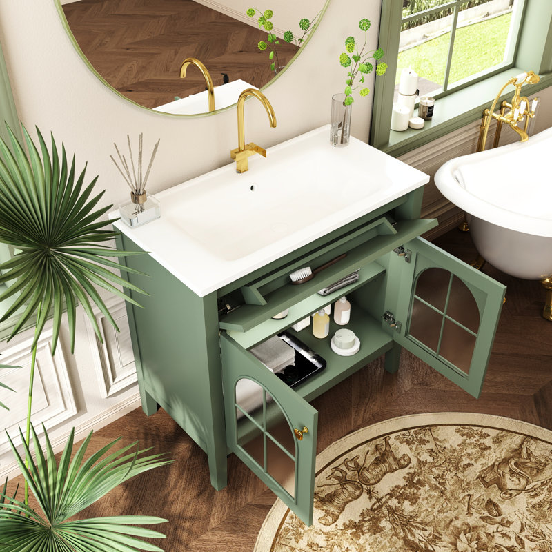 Armoire de meuble-lavabo haut de gamme de 36 pouces, verre, lumières activées par le mouvement, grand espace de rangement pour tiroir rabattable