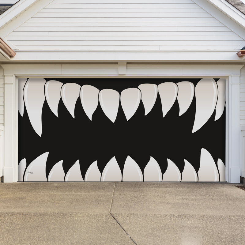 Bannière de porte de garage double 7 pi x 16 pi Scary T dents - Décorations d'extérieur
