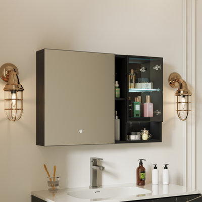 24 x 36 Inch LED Lighted Bathroom Medicine Mirror Cabinet,Black Wall-Mounted Medicine Cabinet, Easy to Install Aluminum Cabinet