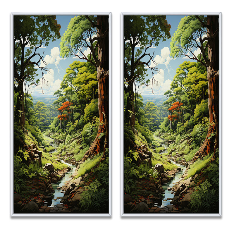 «Orange Green Trees Canopy», 2 pièces, Cadre blanc, H 32 po x l 32 po