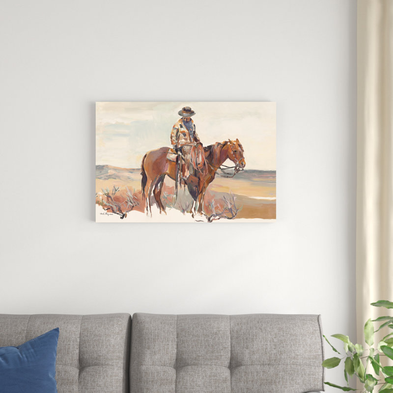 "Western Rider Warm" par Marilyn Hageman, reproduction d'art mixte, H 20 po x l 30 po, Non, Toile tendue