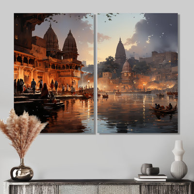Art indien indien beige et gris, Ghats Of - ensemble de 2 art mural indien
