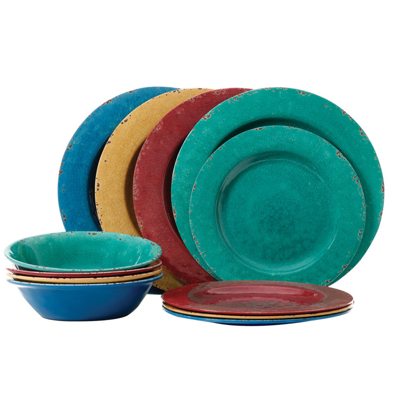 Eckert Melamine Dinnerware Set 12 Piece - Service for 4, Red/Blue/Yellow