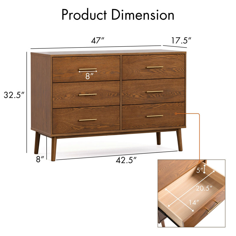 Nevio 47"W Wood 6-Drawer Dresser