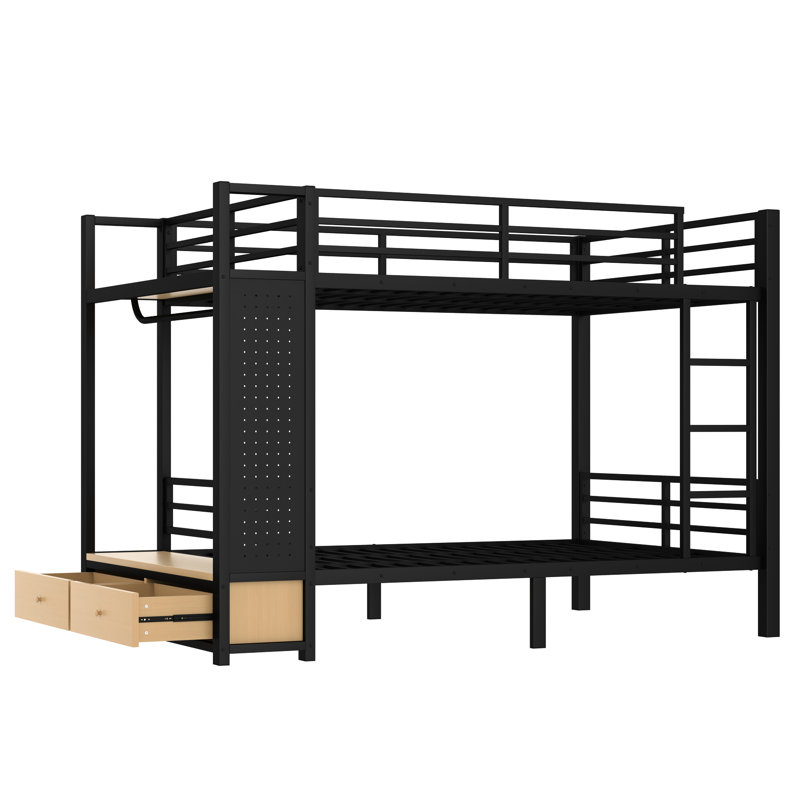 Lit superposé double / double en métal noir avec tiroirs latéraux et tête de lit - Idéal pour les petits dortoirs, les tablettes et les espaces polyvalents