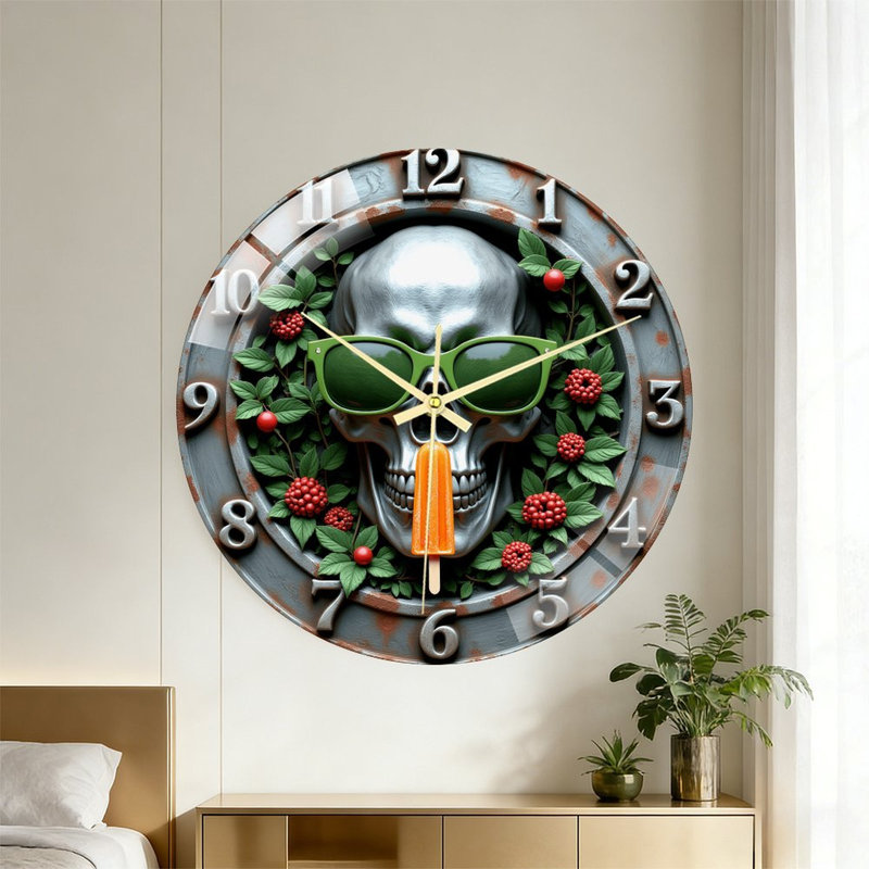 Crâne avec lunettes de soleil et horloge murale en verre 16 po