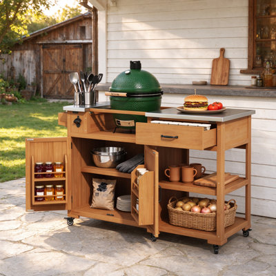 Outdoor Solid Wood Kitchen Cart & Kitchen Island with Stainless Steel Top, Spice Rack, 1 Drawer, Adjustable Shelves and 4 Door Racks, Natural