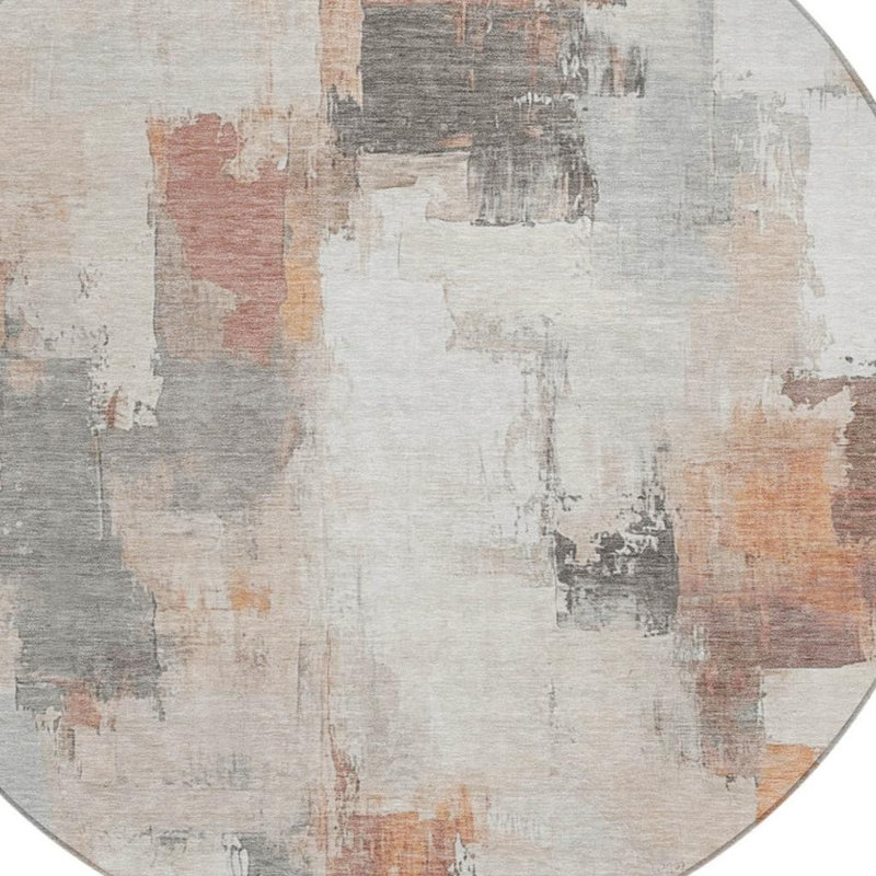 Tapis extérieur rond lavable abstrait rouille et ivoire 8 pi