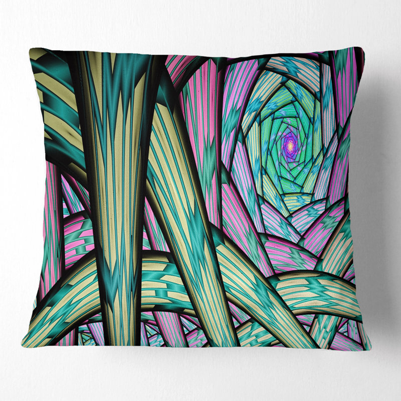 Fractal Endless Tunnel - Coussin imprimé abstrait, 16 po x 1 po, Coussin décoratif, Vert / Noir / Mauve