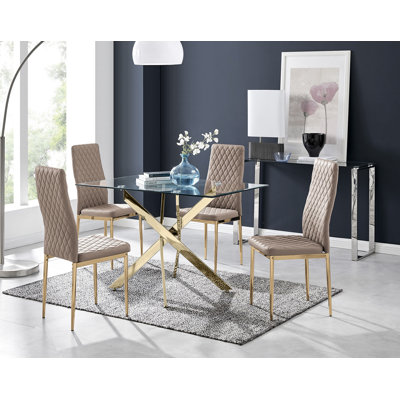 Lenworth Modern Chrome Metal and Glass Dining Table Set with 4 Luxury Faux Leather Dining Chairs
