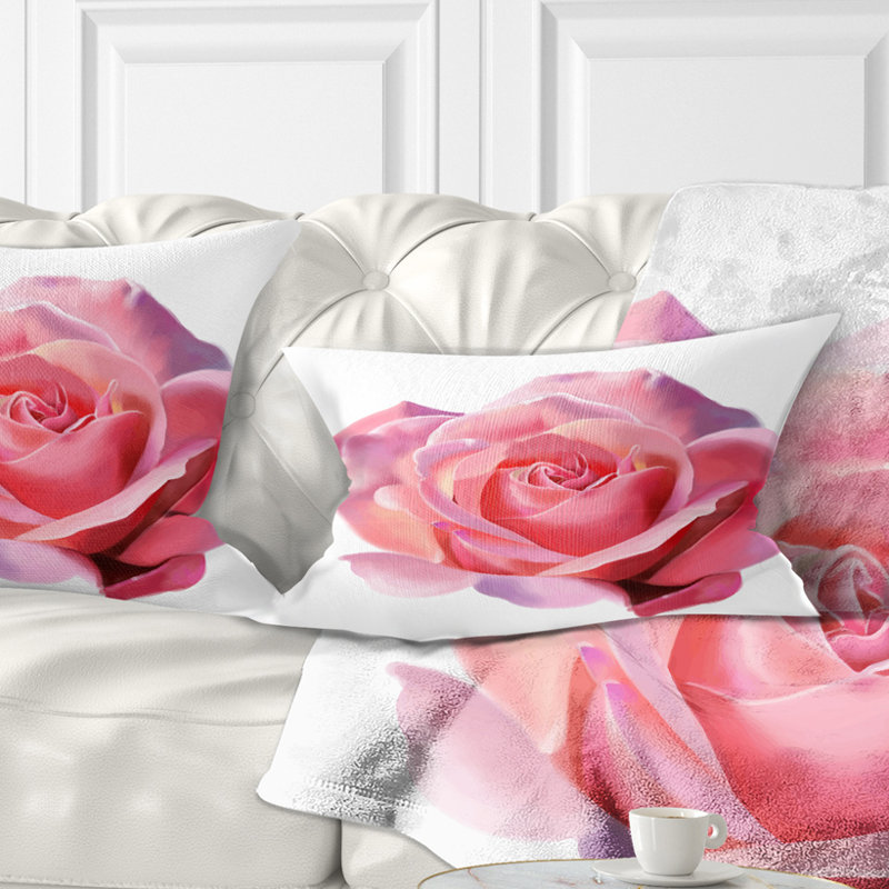 Croquis de rose rose sur fond blanc - Coussin décoratif à imprimé floral, 12 po x 20 po, Rectangle