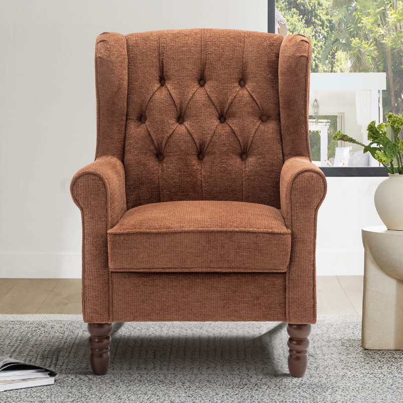 Button-Tufted Small Wingback Accent Chair with Rolled Arm and Thick Padded Cushion, Coral Performance