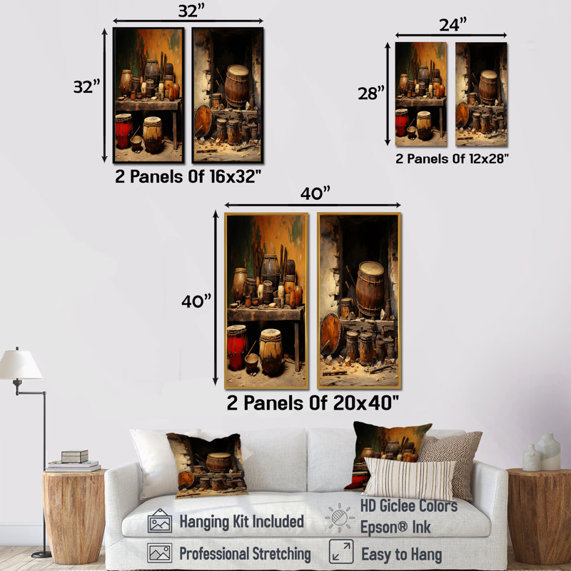 «Brown Music Drums Rhythm Revicat I», ensemble de 2 impressions sur toile, H 40 po x l 41 po, Cadre noir