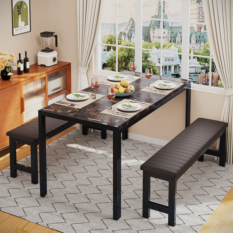 3 Piece Dining Table Set, Kitchen Table &  PU Benches for 4, Rectangular Dining Room Table Set