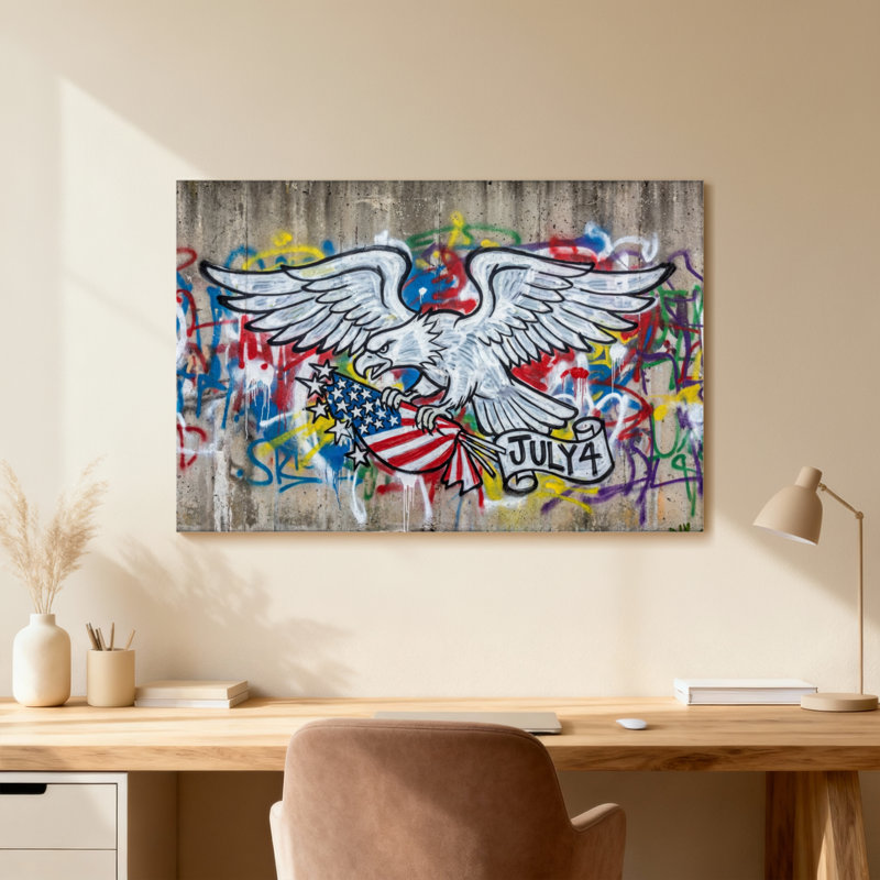 Aigle américain avec drapeau et bannière du 4 juillet, H 12 po x l 18 po, Cadre photo unique, Grain de bois clair