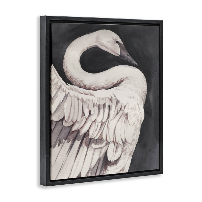  «Swan Portrait on Grey Floater», art mural sur toile par Grace Popp, H 31 po x l 25 po, Cadre flottant noir de jais