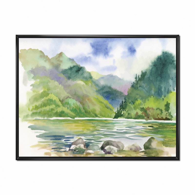 «Beautiful Summer River Green Landscape III», reproduction sur toile, H 24 po x l 32 po x P 1 po, Cadre flottant noir