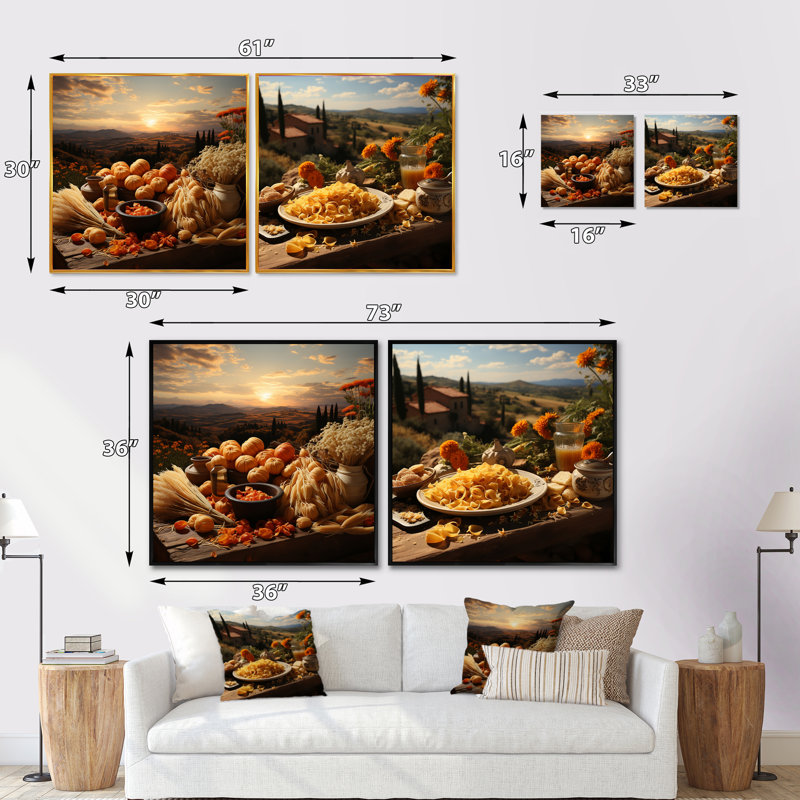 Romantiques pâtes rustiques - ensemble de 2 collages carrés repas et pique-nique, Cadre flottant noir, H 16 po x l 33 po