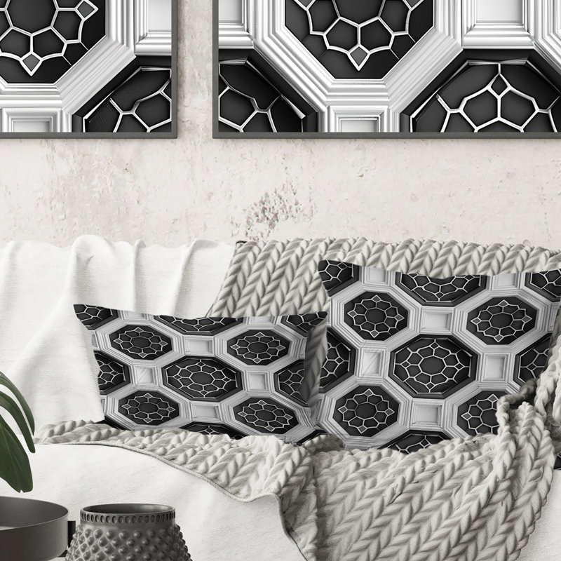 Coussin moderne noir et blanc Modern Hexagon III, H 18 po x l 18 po