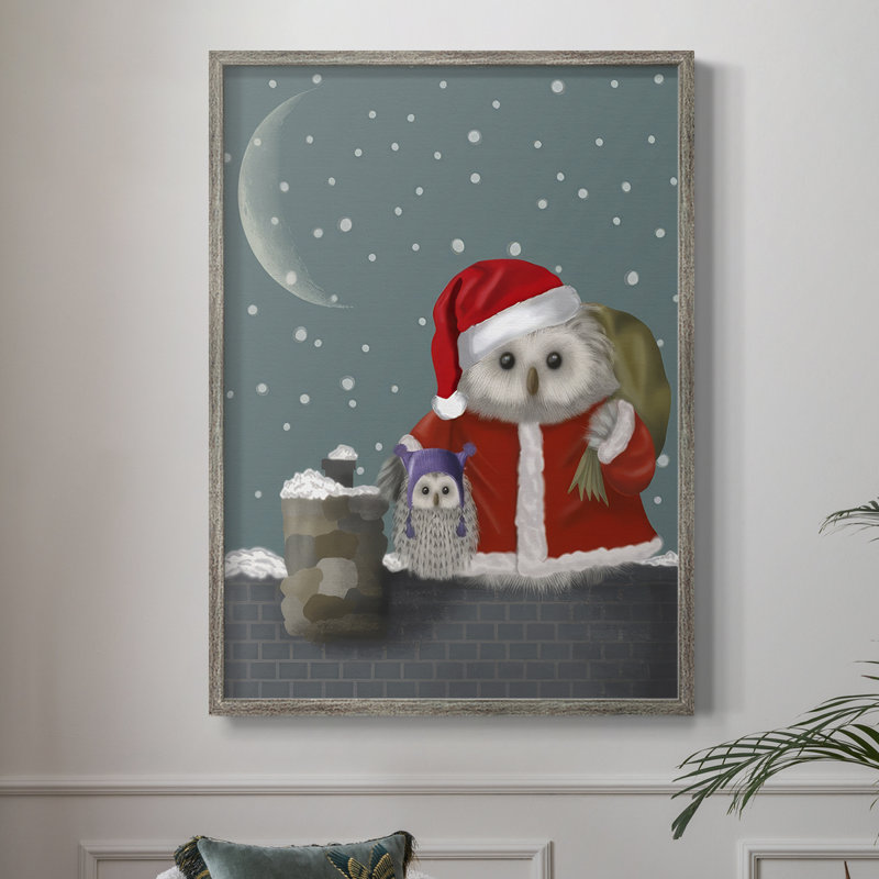«Christmas Santa Owl», reproduction encadrée - bois massif