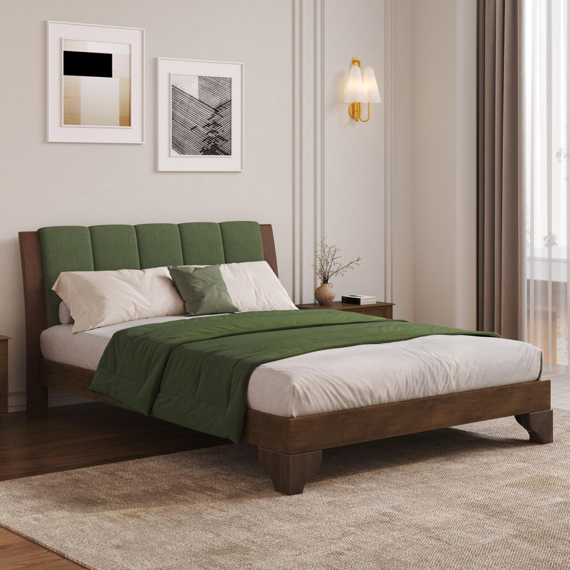 Premium Queen Size Bed Frame with Headboard, Green/Walnut